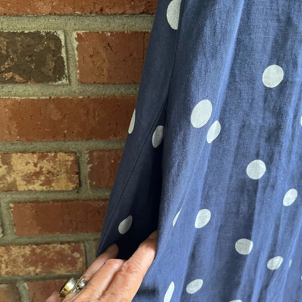 100% Linen Lands Downunder Blue and White Sleeveless Polka Dot Midi Sundress L - Picture 6 of 7
